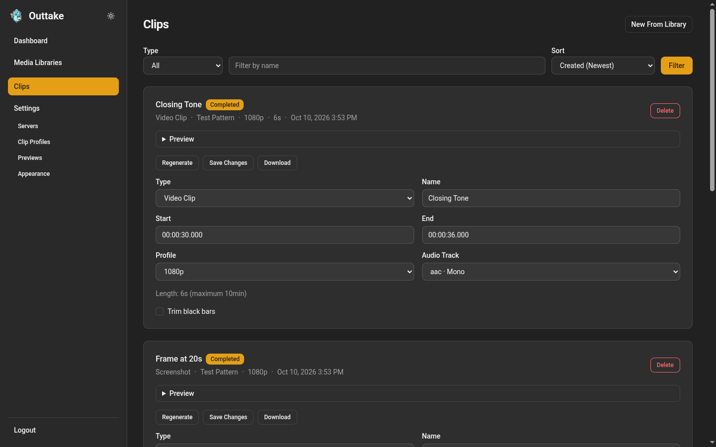 The Outtake Clips page, listing video clips, a GIF, and a screenshot, each with its status and settings