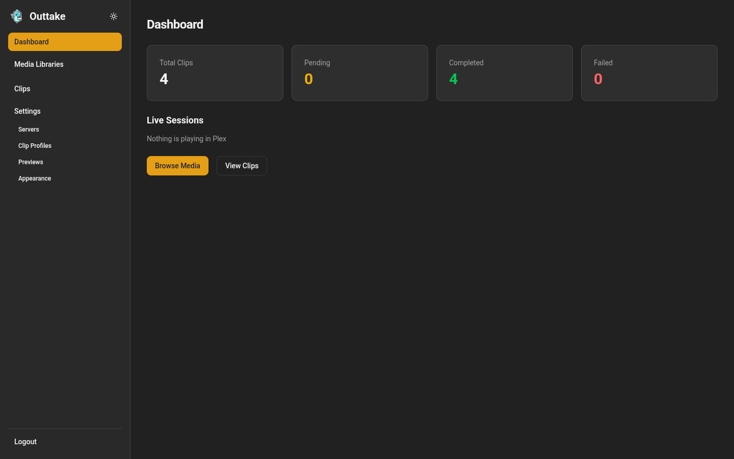 The dashboard, with clip counts, the Live Sessions list, and buttons to browse media and view clips