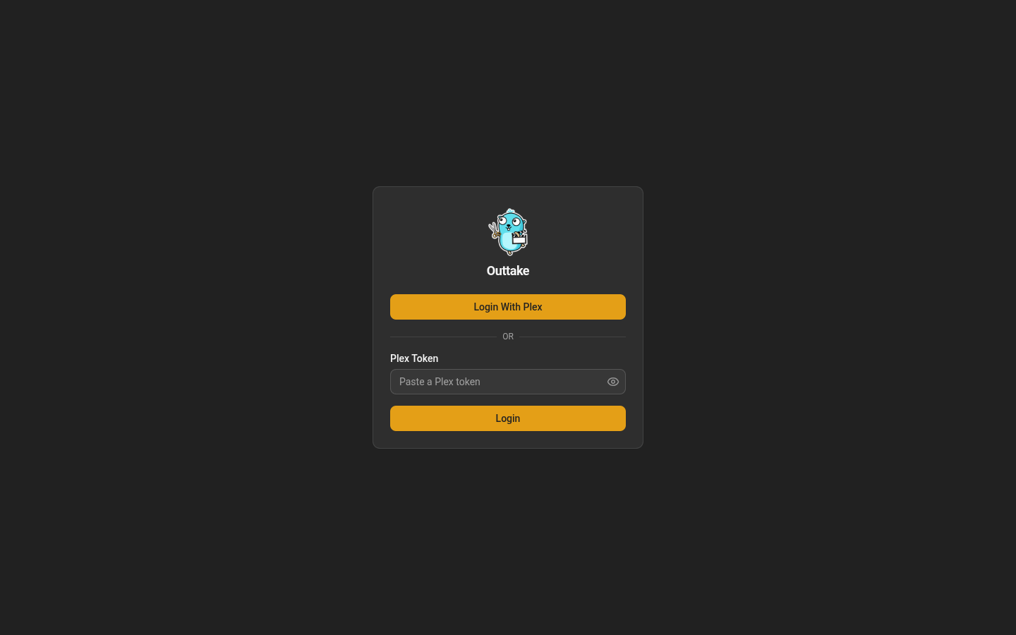 The Outtake login page, with Login With Plex and a field for a Plex token