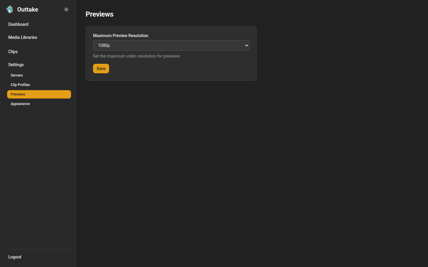 The Previews settings page, with Maximum Preview Resolution set to 1080p